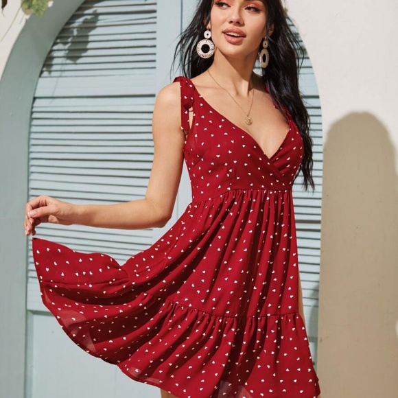 Boho red v neck hearts ruffle hem mini dress - Picture 2 of 5